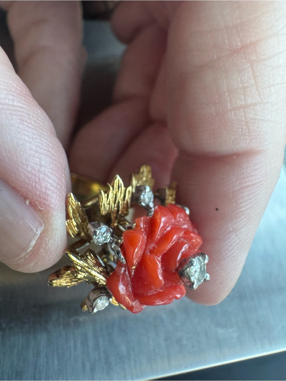 18K Yellow Gold Carved Coral & Diamond Flower Ring - Picture 6 of 8